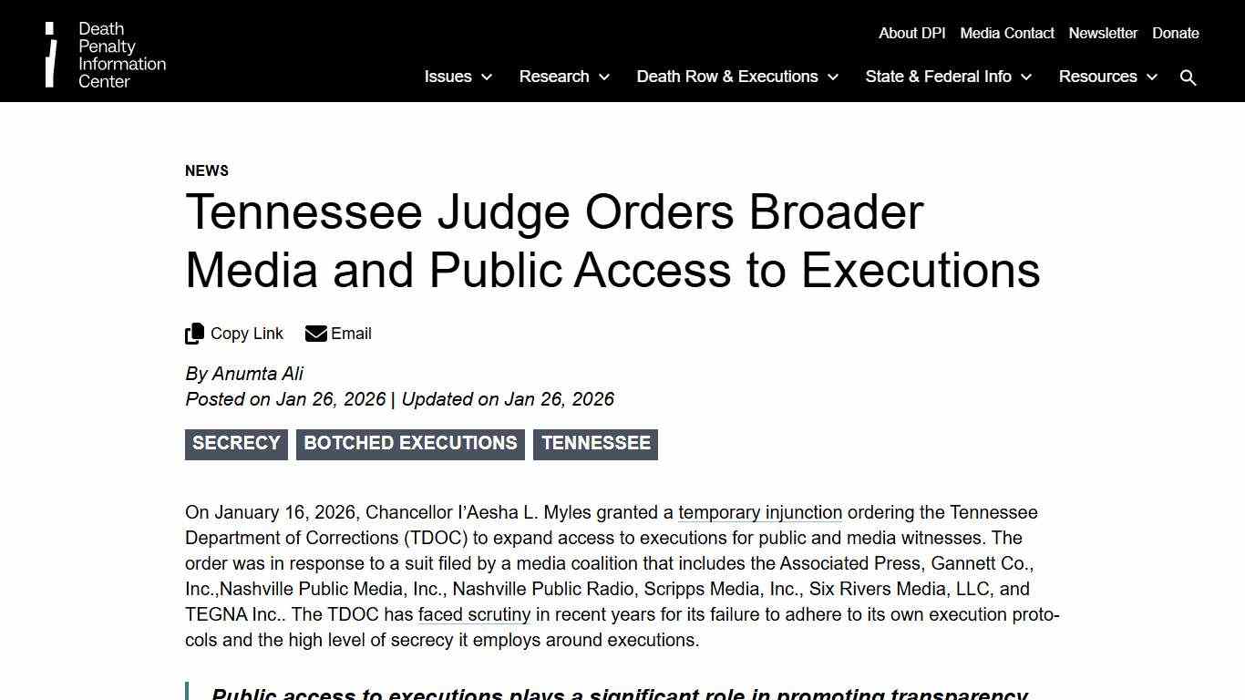 Tennessee Judge Orders Broader Media and Public Access to Executions Death Penalty Information Center